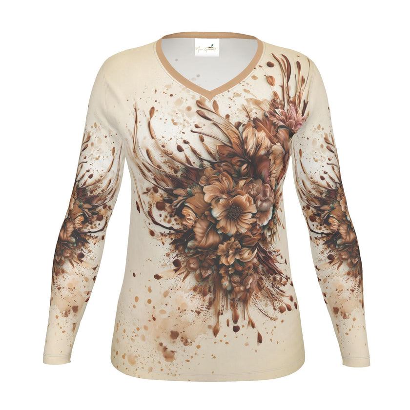 Luxe Dames T-shirt Lange Mouw - met Brown Flower Print