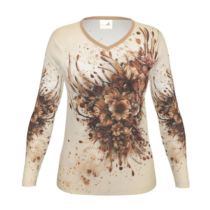Luxe Dames T-shirt Lange Mouw - met Brown Flower Print
