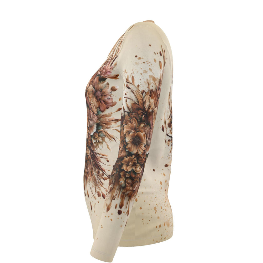 Luxe Dames T-shirt Lange Mouw - met Brown Flower Print