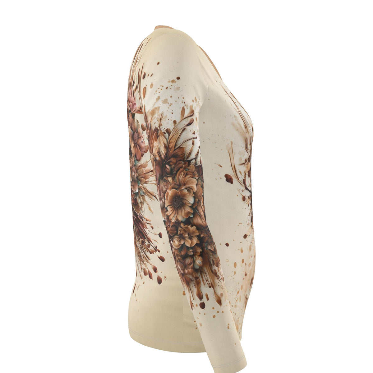 Luxe Dames T-shirt Lange Mouw - met Brown Flower Print