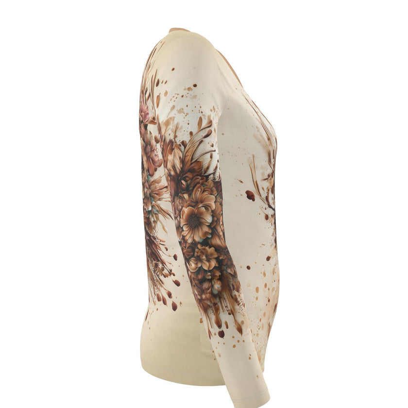Luxe Dames T-shirt Lange Mouw - met Brown Flower Print