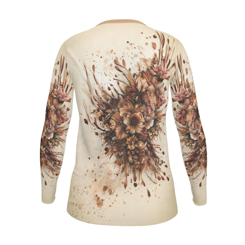 Luxe Dames T-shirt Lange Mouw - met Brown Flower Print