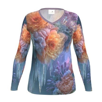 Luxe dames t-shirt met lange mouw en all-over bloemen in ijsgrot print door Bernardine de Laat