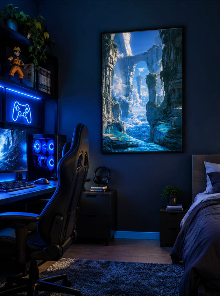 Above the Clouds kunstwerk als dromerige en grootse fantasy wanddecoratie aan de muur in de woonkamer