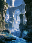 Adembenemende fantasy wanddecoratie van imposante torens, watervallen en een wolkenzee