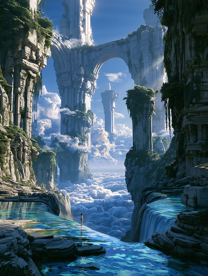 Adembenemende fantasy wanddecoratie van imposante torens, watervallen en een wolkenzee