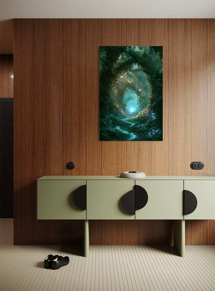 Sfeervol kunstwerk 'Ancient Rainforest' met diepteperspectief van een nevelig palmbomenlandschap omlijst door grote tropische bladeren