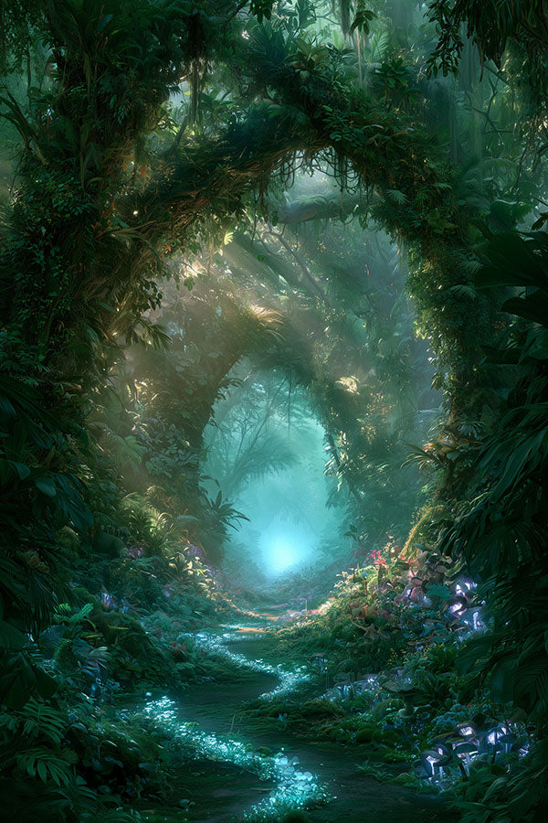 Exclusieve botanische wanddecoratie Ancient Rainforest: een dromerig nevelwoud met palmbomen in mistige groentinten en roze en crèmekleurige bloemen