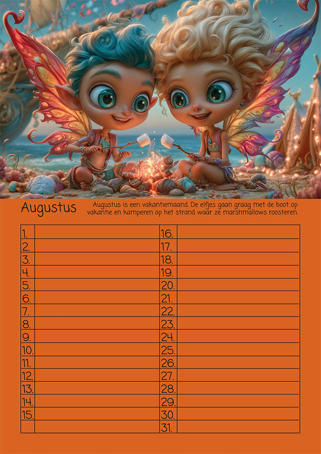 Elfjes verjaardagskalender met kleurrijke elfjes illustratie