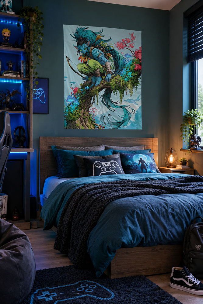 Avatar fantasie wanddecoratie, een blauwe jager met pijl en boog op een tak in een hoge boom