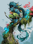 Fantasie wanddecoratie Blue Hunter met een blauwe jager met boog op een magische boomtak vol lichtgevende paddenstoelen