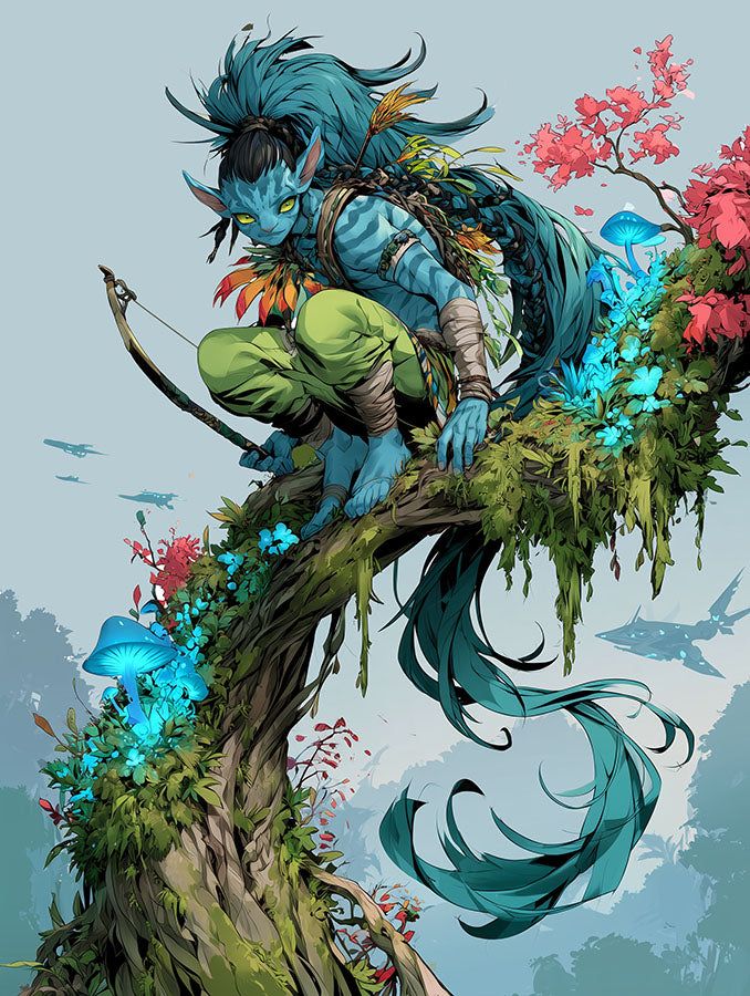 Fantasie wanddecoratie Blue Hunter met een blauwe jager met boog op een magische boomtak vol lichtgevende paddenstoelen