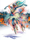 Dark fantasy anime kunstwerk Burning Graveyard met twee dansende skeletten in ballerina jurken op een brandend kerkhof