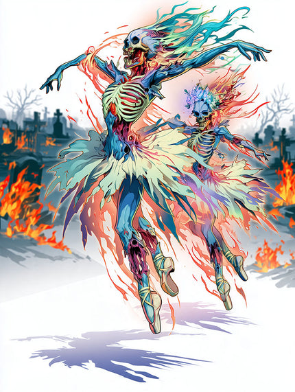 Dark fantasy anime kunstwerk Burning Graveyard met twee dansende skeletten in ballerina jurken op een brandend kerkhof