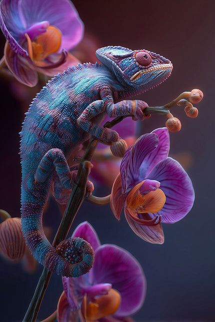 Kameleon op orchidee