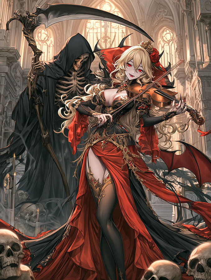 Anime en manga art wanddecoratie van een vampiervioliste en magere hein in een kathedraal genaamd Death Violin