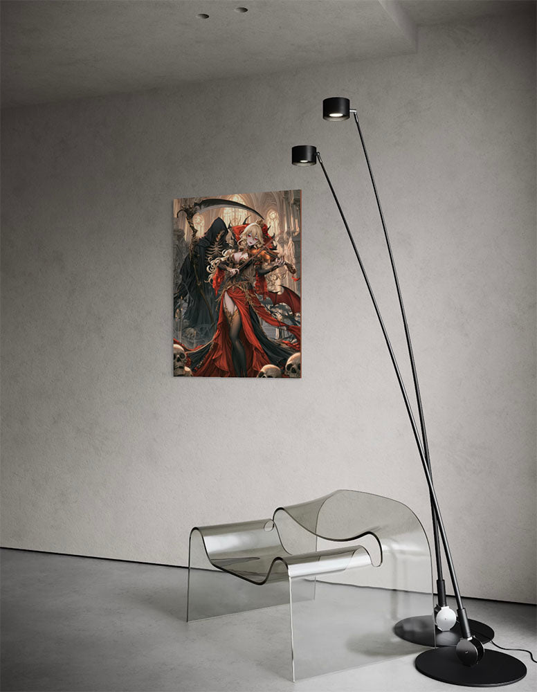 Detail van de viool, rode ogen, gothic jurk en doodshoofden van wanddecoratie Death Violin