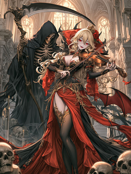 Anime en manga art wanddecoratie van een vampiervioliste en magere hein in een kathedraal genaamd Death Violin