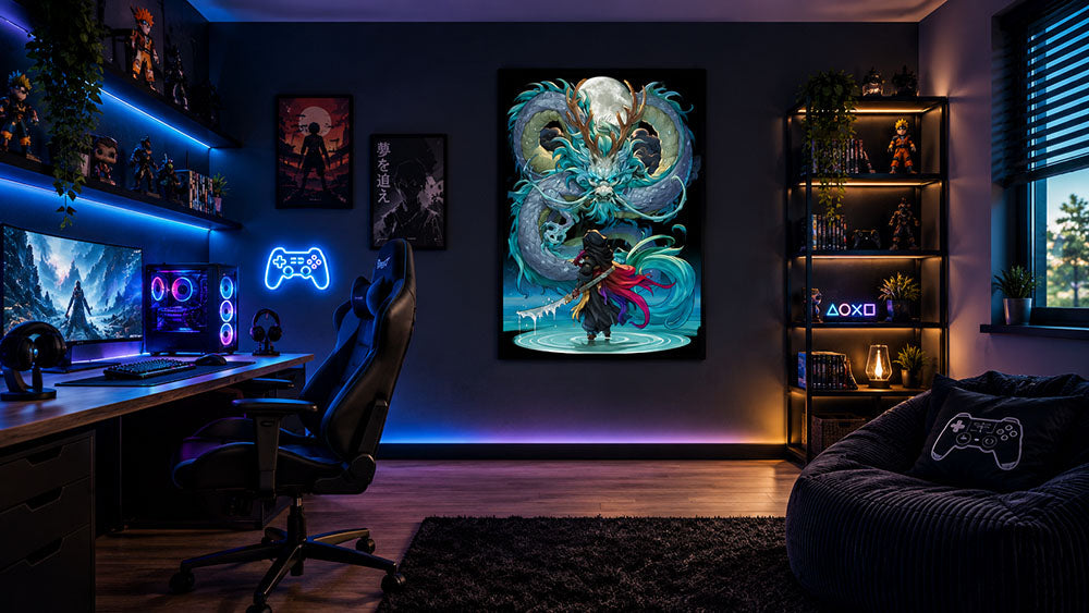 Detail van de blauwe draak, het zwaard en de volle maan van wanddecoratie Dragon Fight