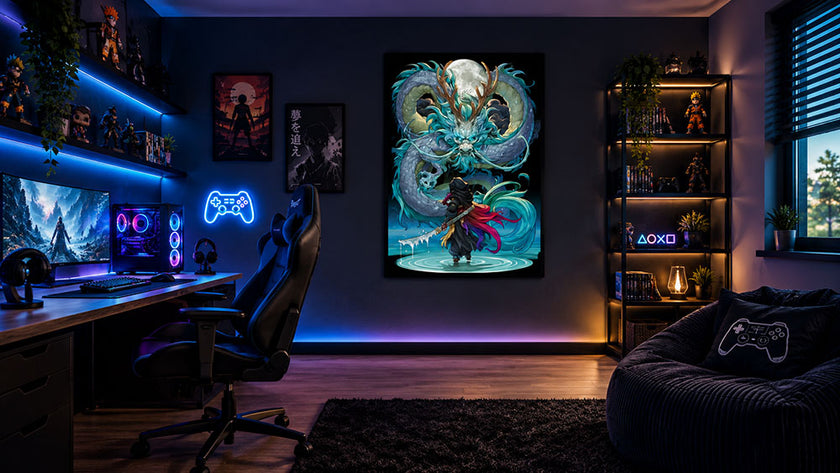 Detail van de blauwe draak, het zwaard en de volle maan van wanddecoratie Dragon Fight
