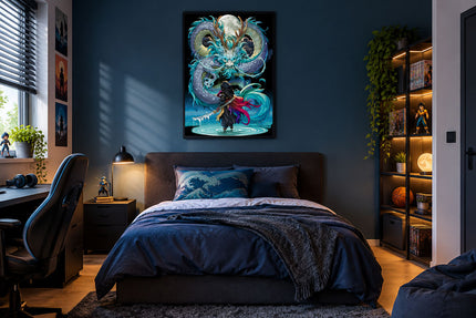 Dragon Fight kunstwerk als stoere en mystieke anime wanddecoratie aan de muur in een game room
