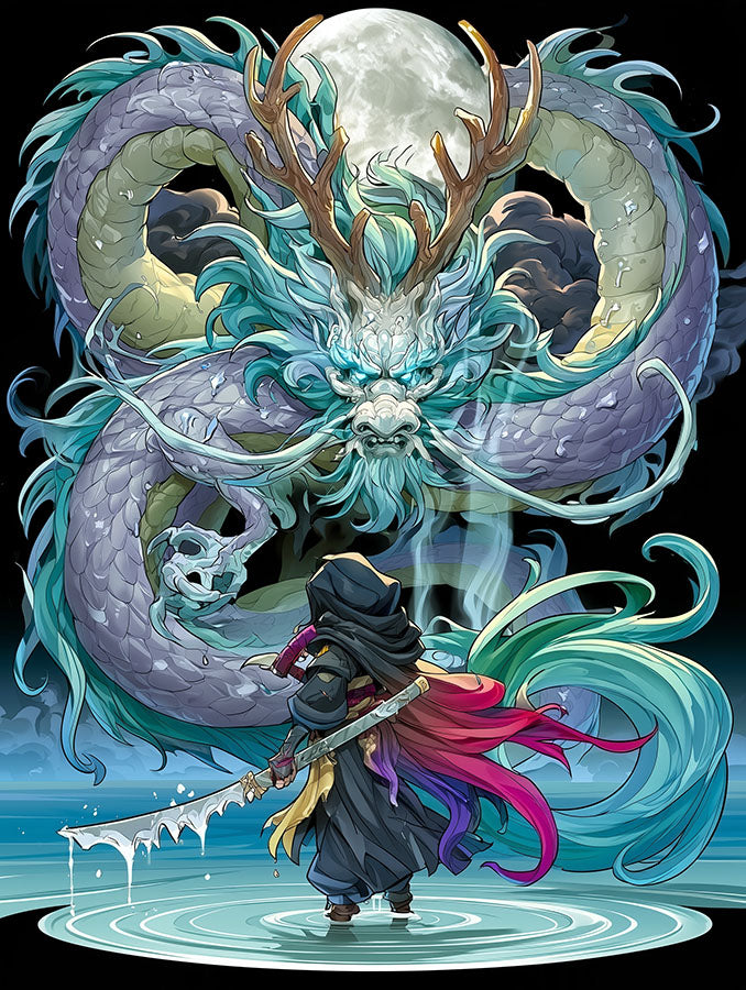 Epische anime en manga art wanddecoratie van een strijder tegenover een grote oosterse draak bij volle maan