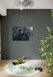 Elfje op zwarte draak kunstwerk als stoere en mystieke wanddecoratie aan de muur in een kinderkamer