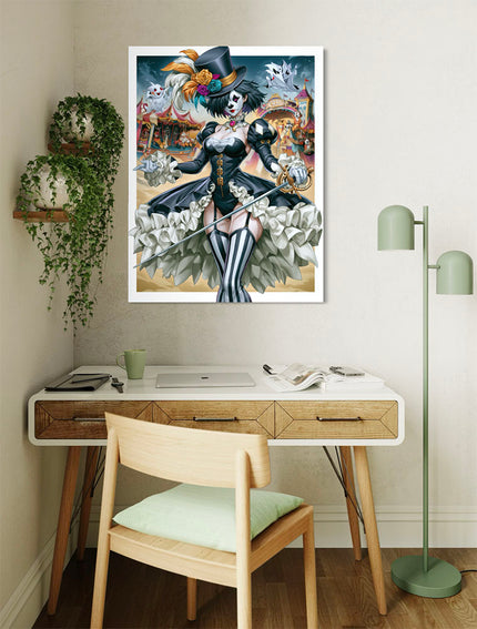 Ghost Circus kunstwerk als theatrale en mystieke dark fantasy wanddecoratie aan de muur in een woonkamer