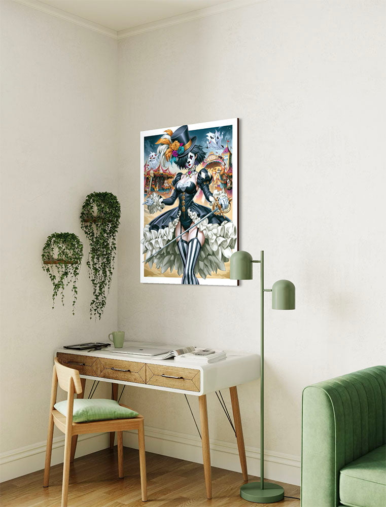 Detail van de hoge hoed met rozen, de schmink en het degen van wanddecoratie Ghost Circus