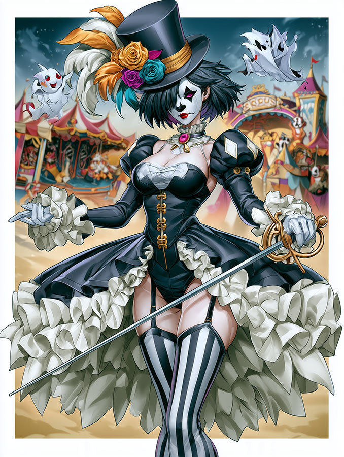 Mystieke dark fantasy wanddecoratie van een elegante circusdirectrice met degen en spookjes op een kermis