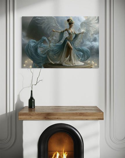 Fantasie wanddecoratie van een hemelse godin met witte vleugels en in een blauw, wit en goudkleurig gewaad wat opwaait in de wind.