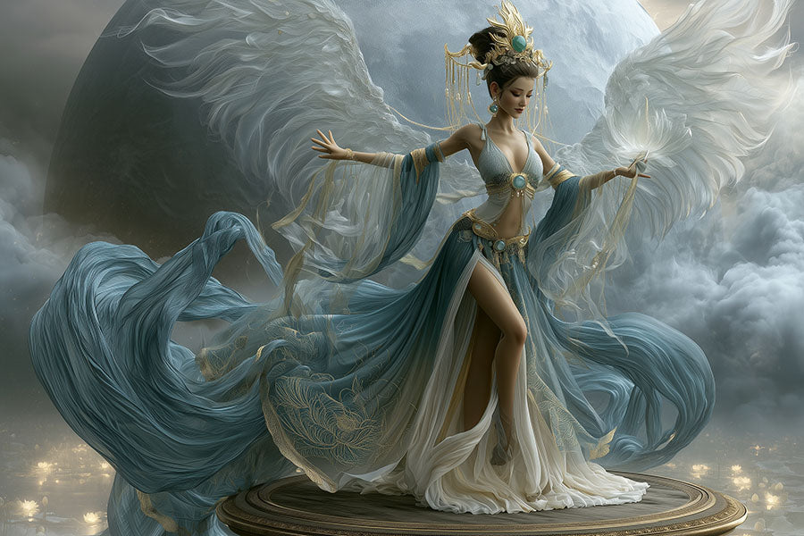 Fantasie wanddecoratie Hemelse Godin met een engel in blauw gouden gewaden, grote vleugels en een maan.