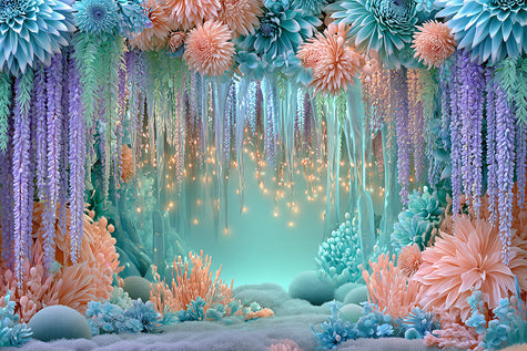 Wanddecoratie van een Magische ijsgrot met pastel gekleurde bloemen, ijspegels en lichtjes