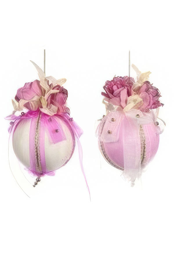Kerstballen roze/wit 15cm (set van 2 stuks)
