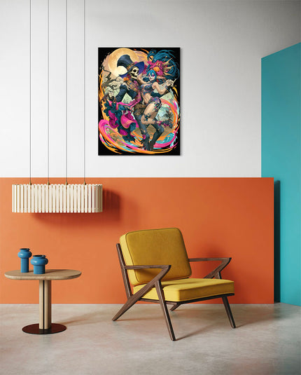 Midnight Dance anime kunstwerk als sfeervolle wanddecoratie boven een bank in de woonkamer