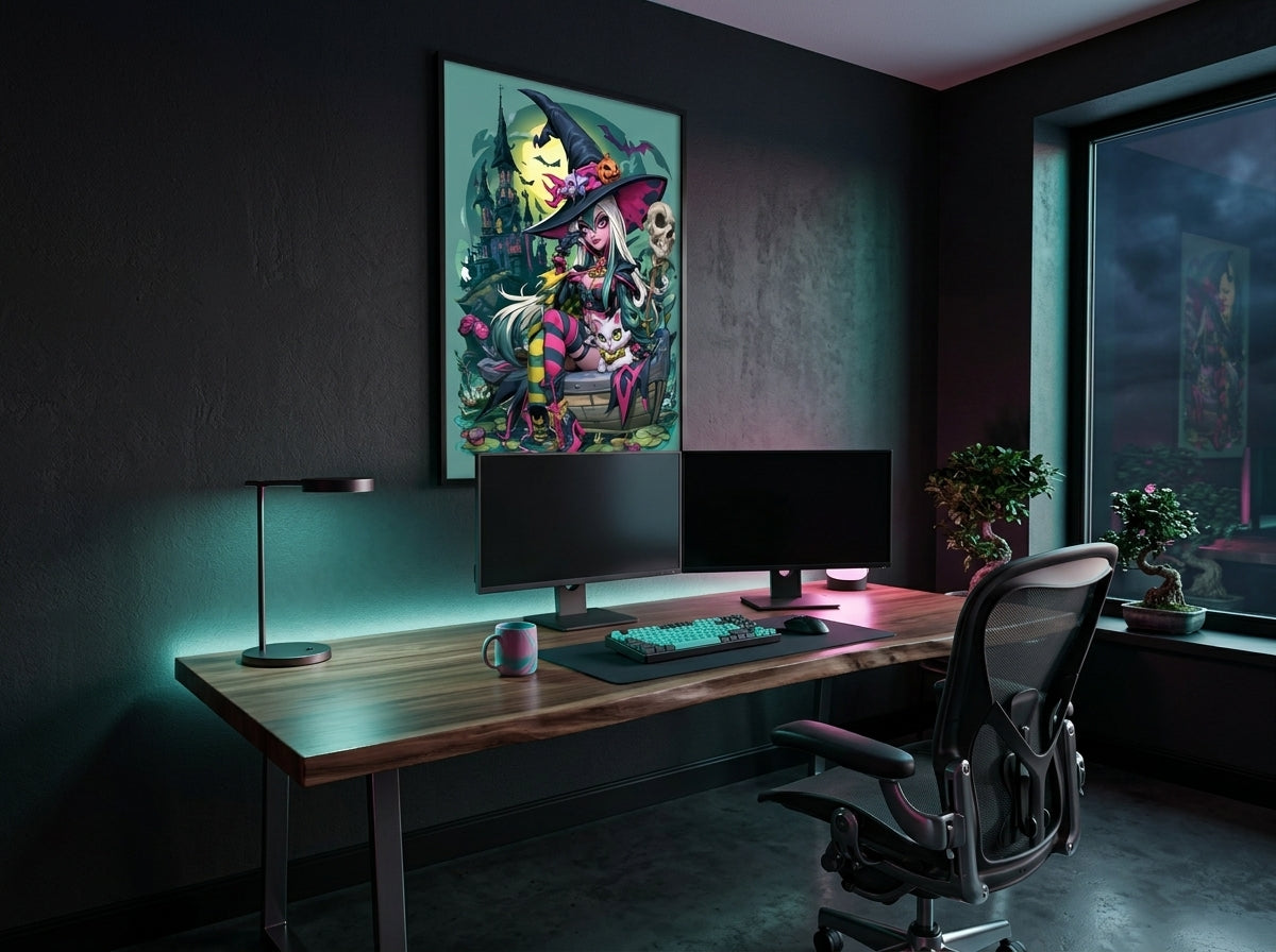 Midnight Hour dark fantasy kunstwerk als stoere en mystieke wanddecoratie aan de muur in een woonkamer