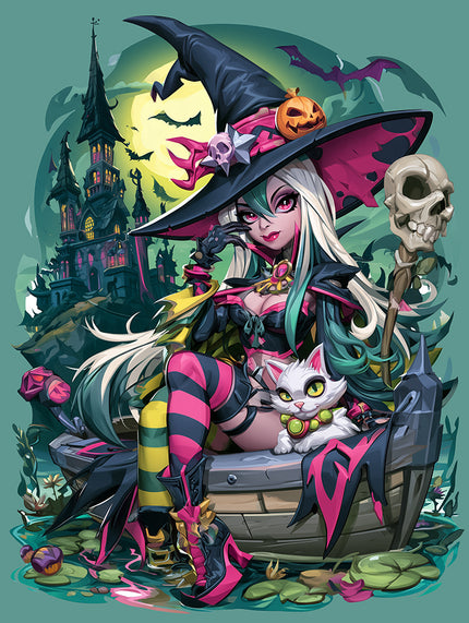 Dark fantasy wanddecoratie van een heks in een bootje met een witte kat voor een kasteel bij volle maan