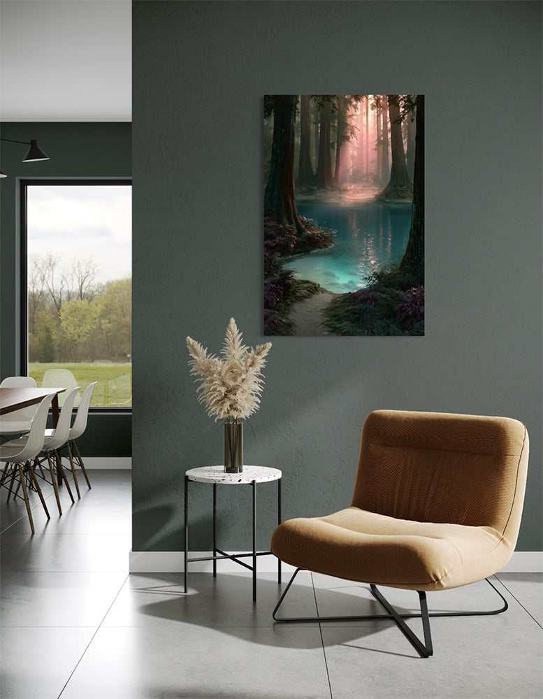 Morgenstond in het woud wanddecoratie als sfeervol landschap aan de muur in een moderne woonkamer
