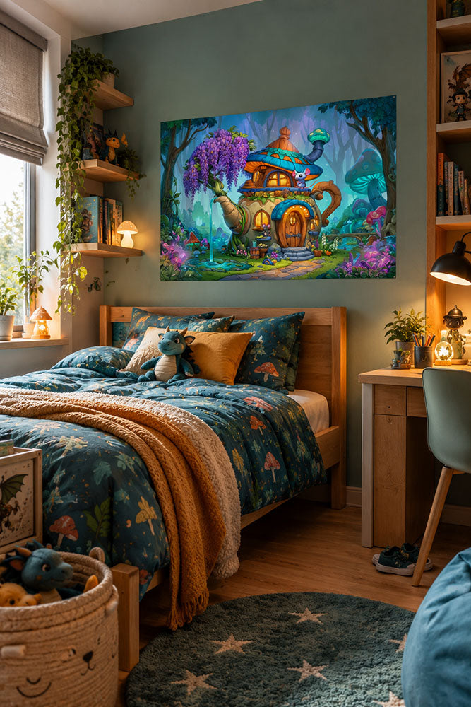 fantasy art van een thuispot huis in het bos met weelderig natuur en schattige muisjes