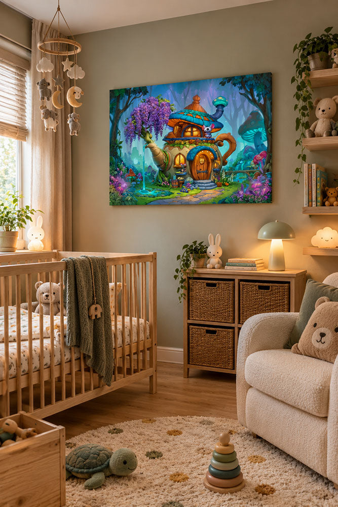 fantasie poster van een magisch bos met een theepot huis waar kleine muisjes wonen