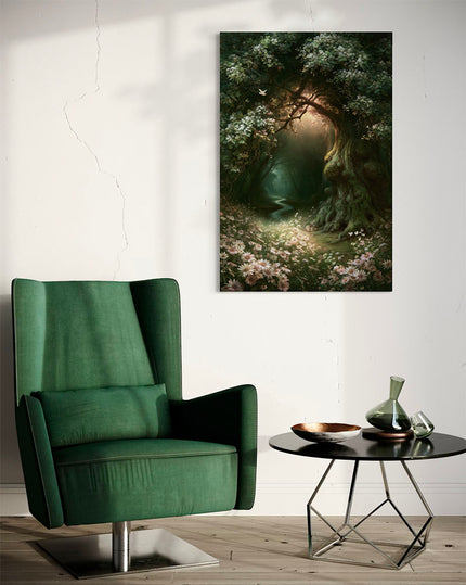 Pad onder de Bomen natuur wanddecoratie als sfeervol boslandschap aan de muur in een lichte woonkamer