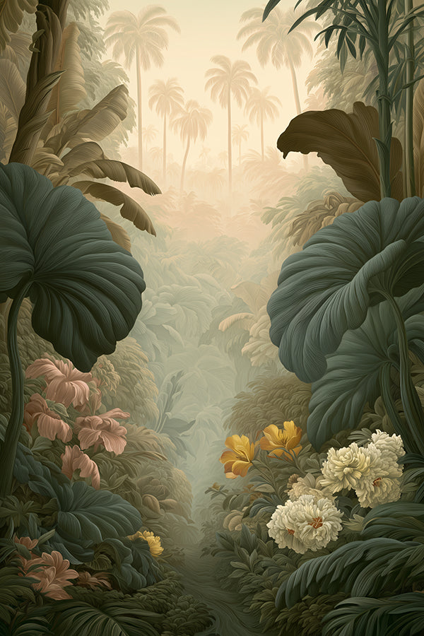 Unieke botanische wanddecoratie Palm Canyon Mystique met een dromerig nevelwoud, palmbomen en bloemen