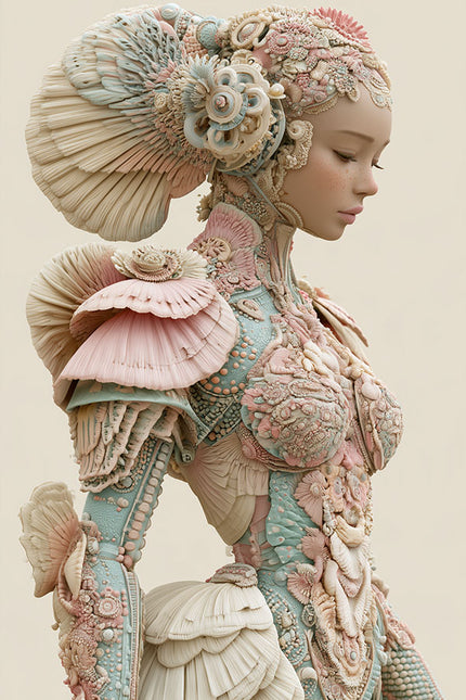 Portretten wanddecoratie van een elegant figuur in zachte pasteltinten met gedetailleerde schelpstructuren