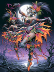 Dark fantasy wanddecoratie van twee skelet ballerina's dansend bij volle maan in een paars mistig landschap