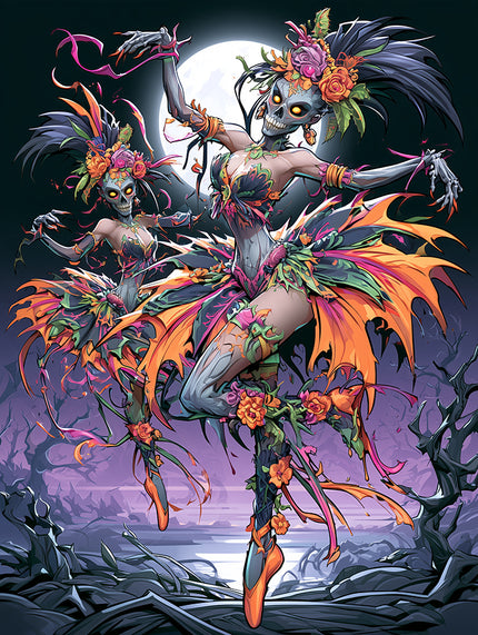 Dark fantasy wanddecoratie van twee skelet ballerina's dansend bij volle maan in een paars mistig landschap