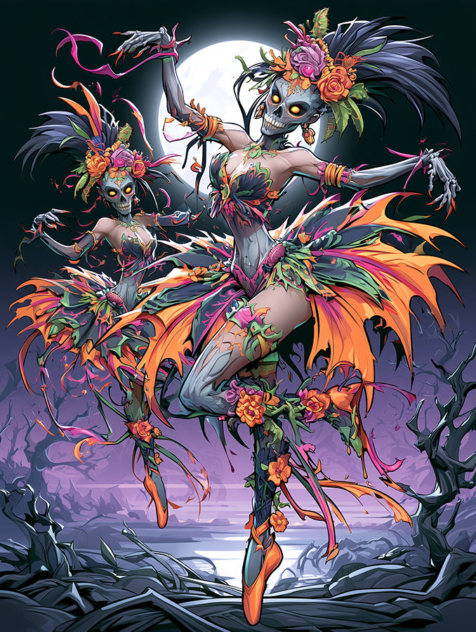 Dark fantasy wanddecoratie van twee skelet ballerina's dansend bij volle maan in een paars mistig landschap