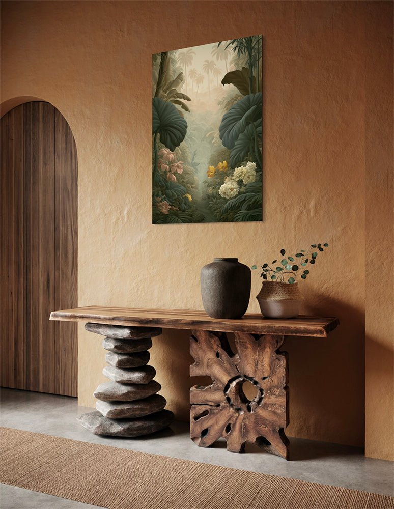 Sfeervolle wanddecoratie met botanisch landschap en mistige palmbomen voor een modern interieur