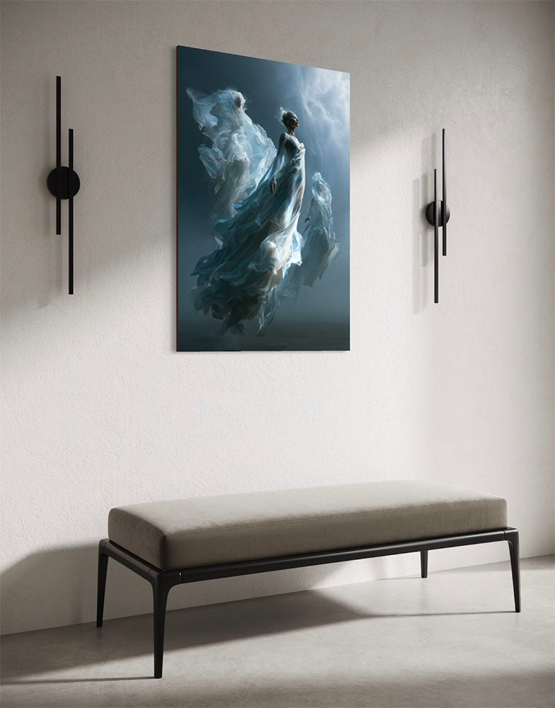 Rising fantasie wanddecoratie van 3 vrouwfiguren die gehuld in gewaden en rook over een landschap zweven in een donkergrijze lucht