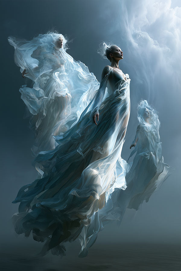 Fantasie wanddecoratie Rising met mystieke figuren in lichte gewaden die opstijgen door wolken