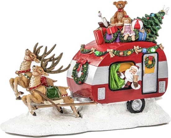 Santa caravan met rendieren, LED en muziek - 29cm